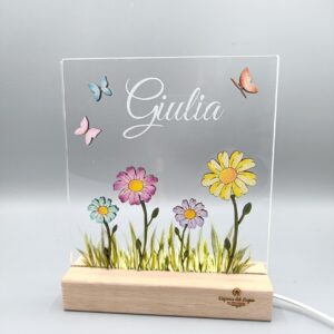 Fiori e farfalle _ Lampada base led legno e plexiglass
