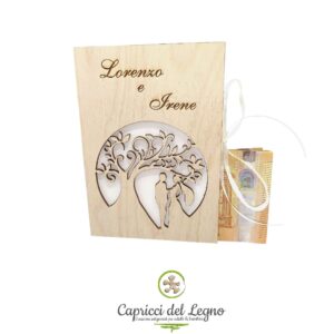 Biglietto portasoldi in legno matrimonio - mod. Albero della Vita con Sposi