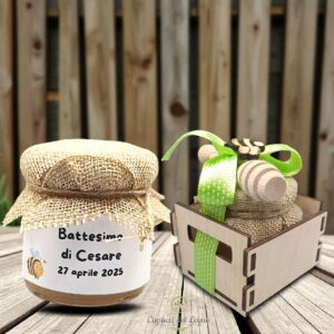 Vasetto di Miele con Scatola in Legno e Spargimiele Personalizzato – Bomboniera Gastronomica Artigianale