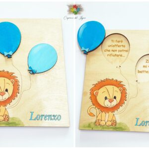 Invito Padrini Battesimo in legno personalizzato - Leone con palloncini Removibili - cm 20